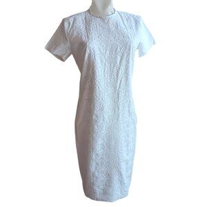 S/M Vintage 70's White Embroidered Short-Sleeve Sheath Dress Back Zipper 1970's